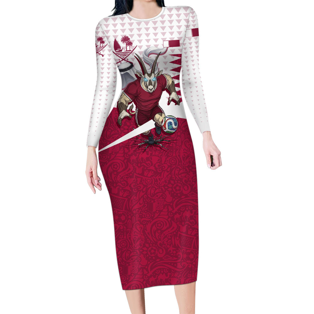 Personalized Qatar Soccer Long Sleeve Bodycon Dress Arabian Oryx Football Mascot - Comic Art Geometric