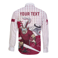 Personalized Qatar Soccer Long Sleeve Button Shirt Arabian Oryx Football Mascot - Comic Art Geometric