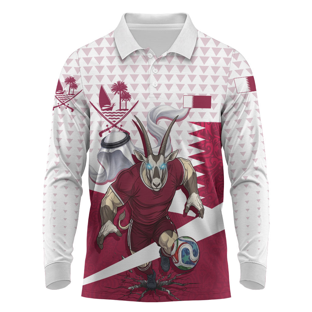 Personalized Qatar Soccer Long Sleeve Polo Shirt Arabian Oryx Football Mascot - Comic Art Geometric