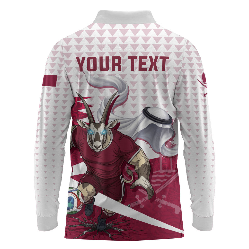 Personalized Qatar Soccer Long Sleeve Polo Shirt Arabian Oryx Football Mascot - Comic Art Geometric