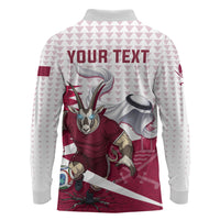 Personalized Qatar Soccer Long Sleeve Polo Shirt Arabian Oryx Football Mascot - Comic Art Geometric