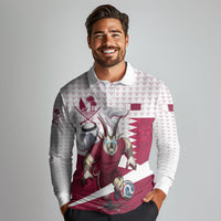 Personalized Qatar Soccer Long Sleeve Polo Shirt Arabian Oryx Football Mascot - Comic Art Geometric