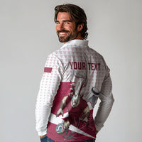 Personalized Qatar Soccer Long Sleeve Polo Shirt Arabian Oryx Football Mascot - Comic Art Geometric