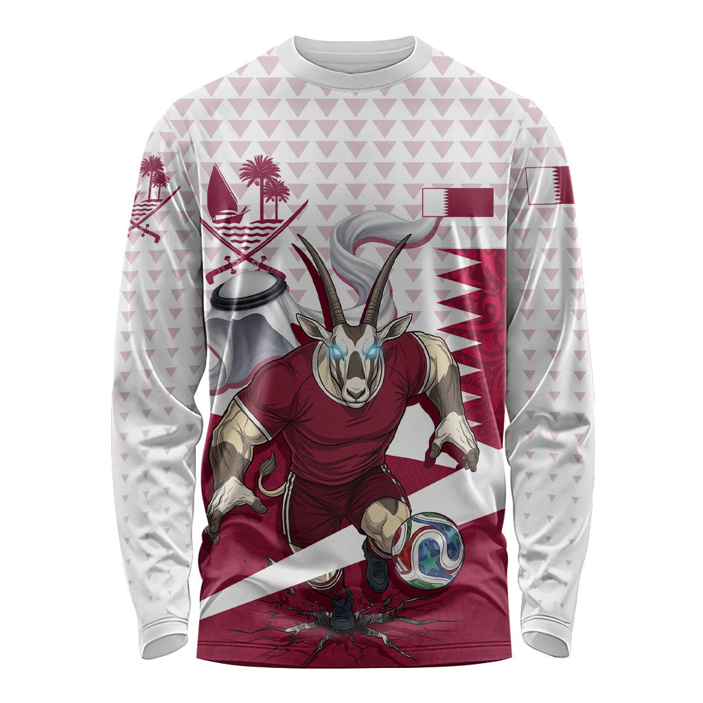 Personalized Qatar Soccer Long Sleeve Shirt Arabian Oryx Football Mascot - Comic Art Geometric