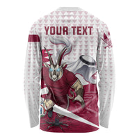 Personalized Qatar Soccer Long Sleeve Shirt Arabian Oryx Football Mascot - Comic Art Geometric