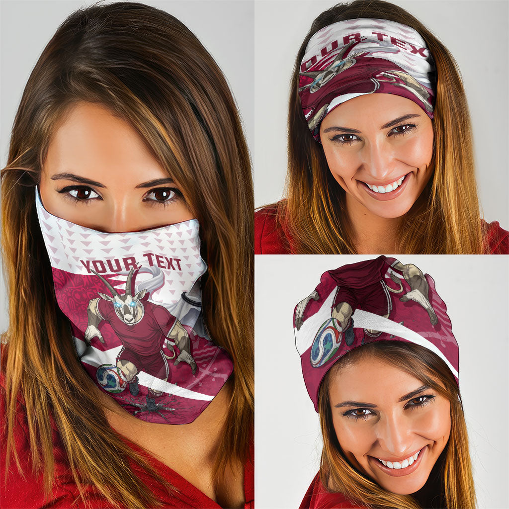 Personalized Qatar Soccer Neck Gaiter Arabian Oryx Football Mascot - Comic Art Geometric