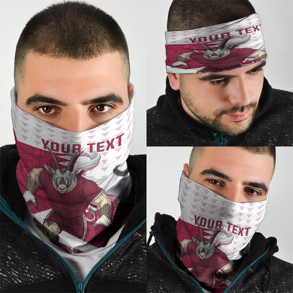 Personalized Qatar Soccer Neck Gaiter Arabian Oryx Football Mascot - Comic Art Geometric