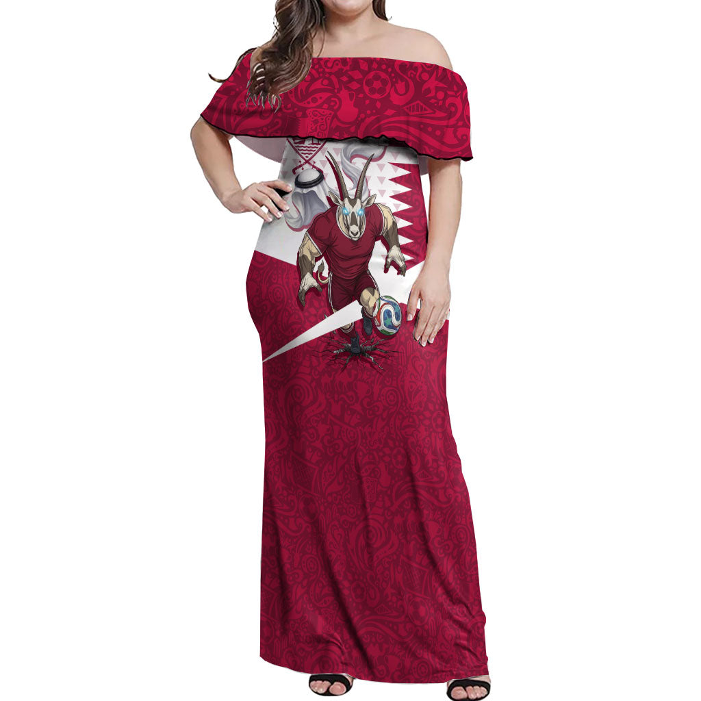 Personalized Qatar Soccer Off Shoulder Maxi Dress Arabian Oryx Football Mascot - Comic Art Geometric
