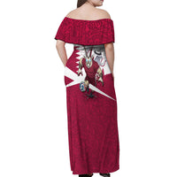Personalized Qatar Soccer Off Shoulder Maxi Dress Arabian Oryx Football Mascot - Comic Art Geometric