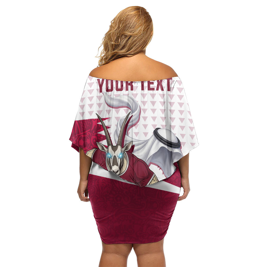 Personalized Qatar Soccer Off Shoulder Short Dress Arabian Oryx Football Mascot - Comic Art Geometric