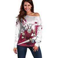Personalized Qatar Soccer Off Shoulder Sweater Arabian Oryx Football Mascot - Comic Art Geometric