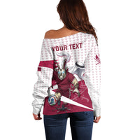 Personalized Qatar Soccer Off Shoulder Sweater Arabian Oryx Football Mascot - Comic Art Geometric