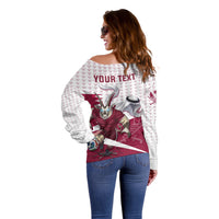 Personalized Qatar Soccer Off Shoulder Sweater Arabian Oryx Football Mascot - Comic Art Geometric