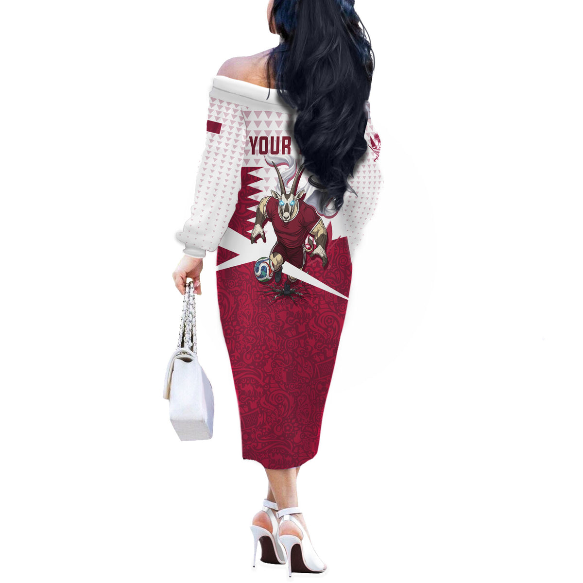 Personalized Qatar Soccer Off The Shoulder Long Sleeve Dress Arabian Oryx Football Mascot - Comic Art Geometric