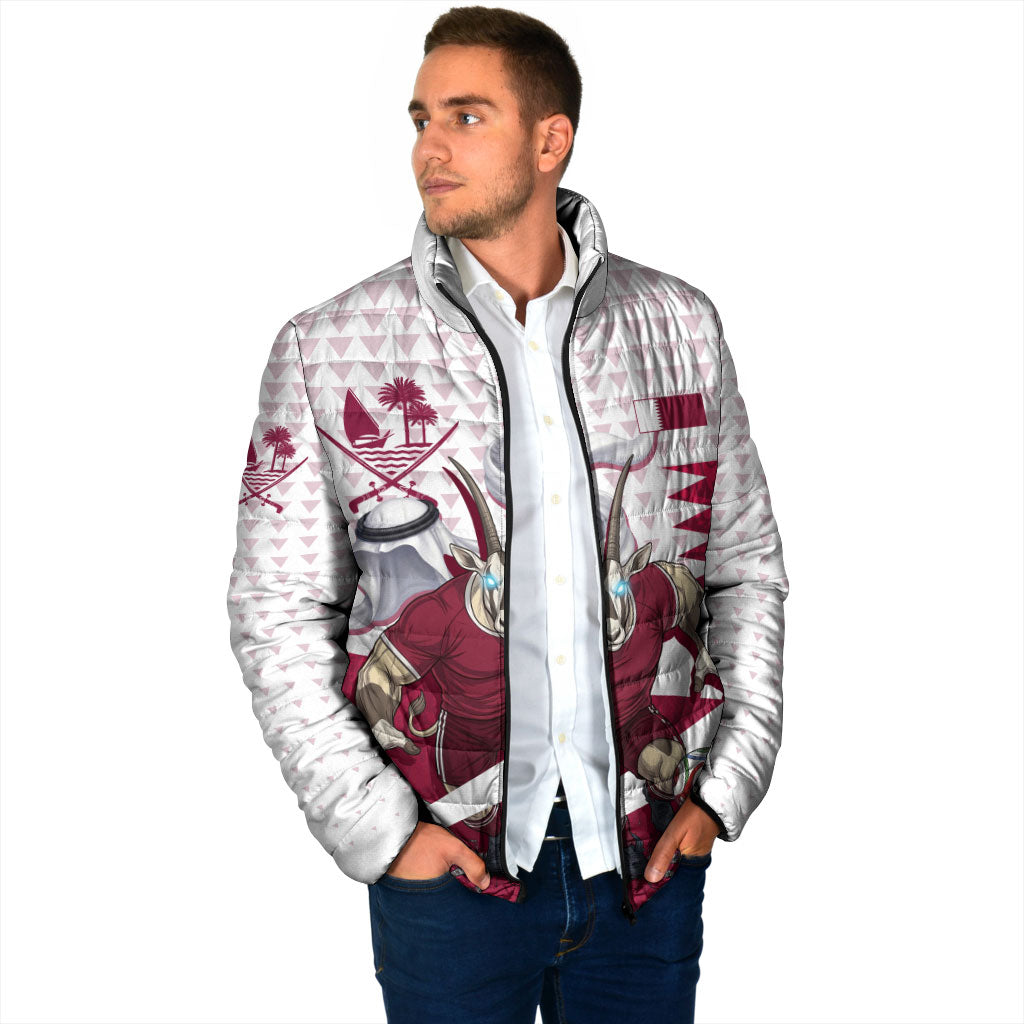 Personalized Qatar Soccer Padded Jacket Arabian Oryx Football Mascot - Comic Art Geometric
