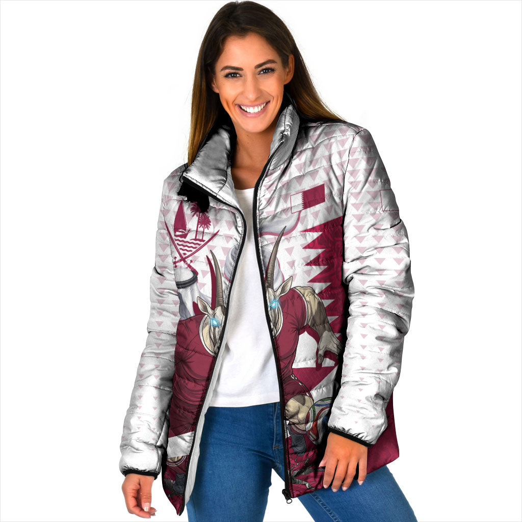 Personalized Qatar Soccer Padded Jacket Arabian Oryx Football Mascot - Comic Art Geometric