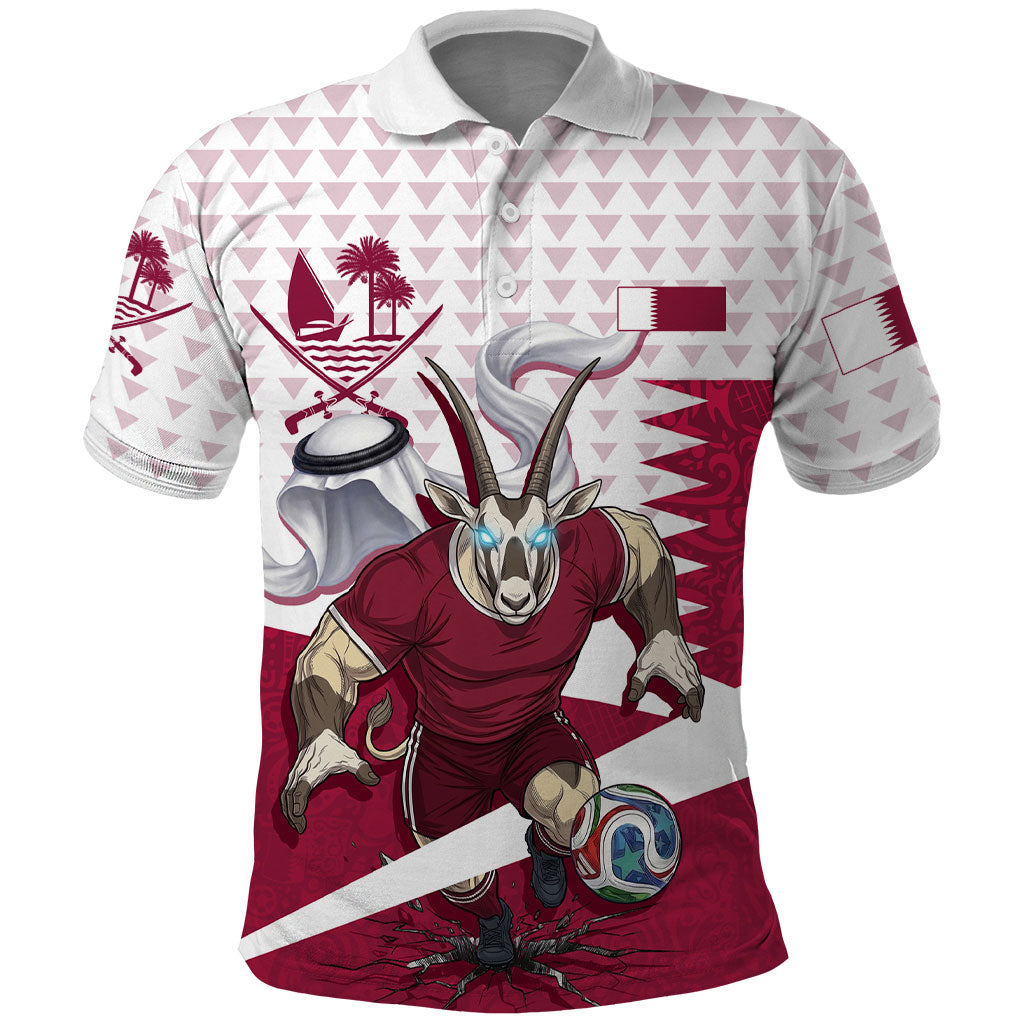Personalized Qatar Soccer Polo Shirt Arabian Oryx Football Mascot - Comic Art Geometric