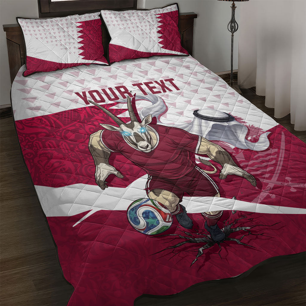 Personalized Qatar Soccer Quilt Bed Set Arabian Oryx Football Mascot - Comic Art Geometric