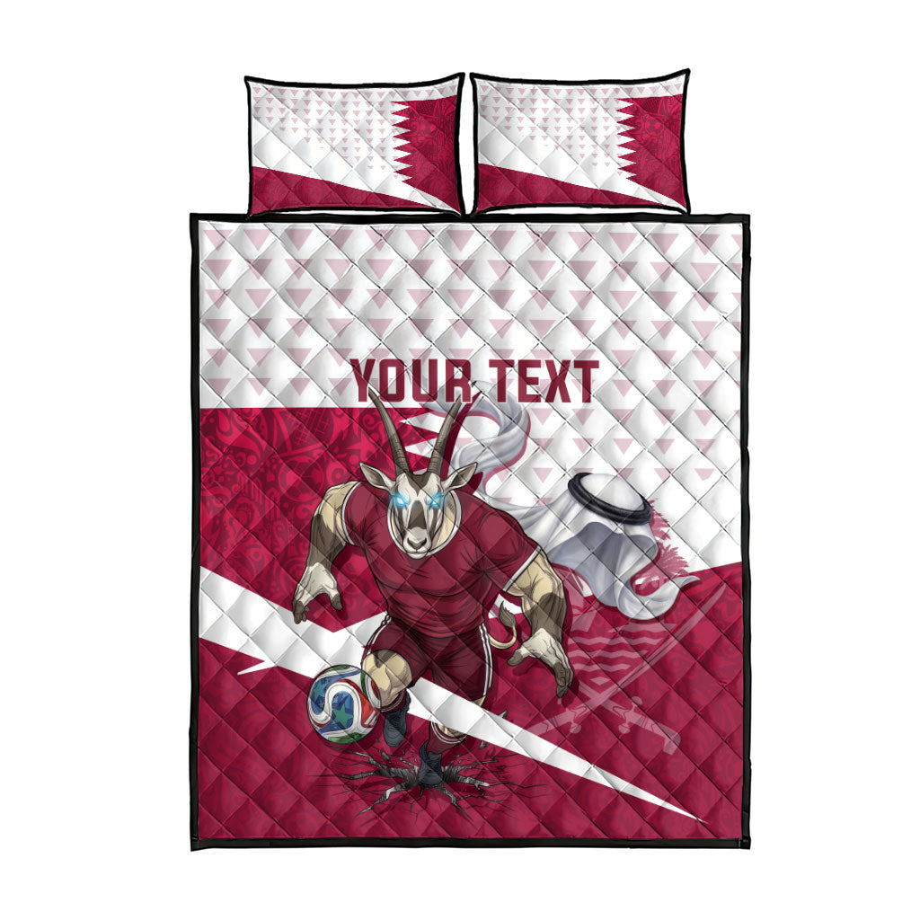 Personalized Qatar Soccer Quilt Bed Set Arabian Oryx Football Mascot - Comic Art Geometric