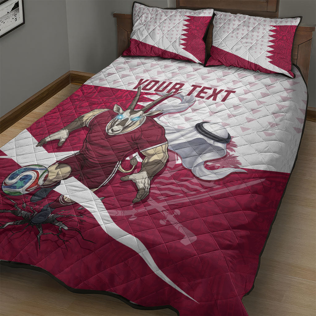 Personalized Qatar Soccer Quilt Bed Set Arabian Oryx Football Mascot - Comic Art Geometric