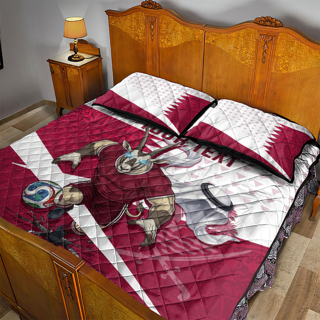Personalized Qatar Soccer Quilt Bed Set Arabian Oryx Football Mascot - Comic Art Geometric