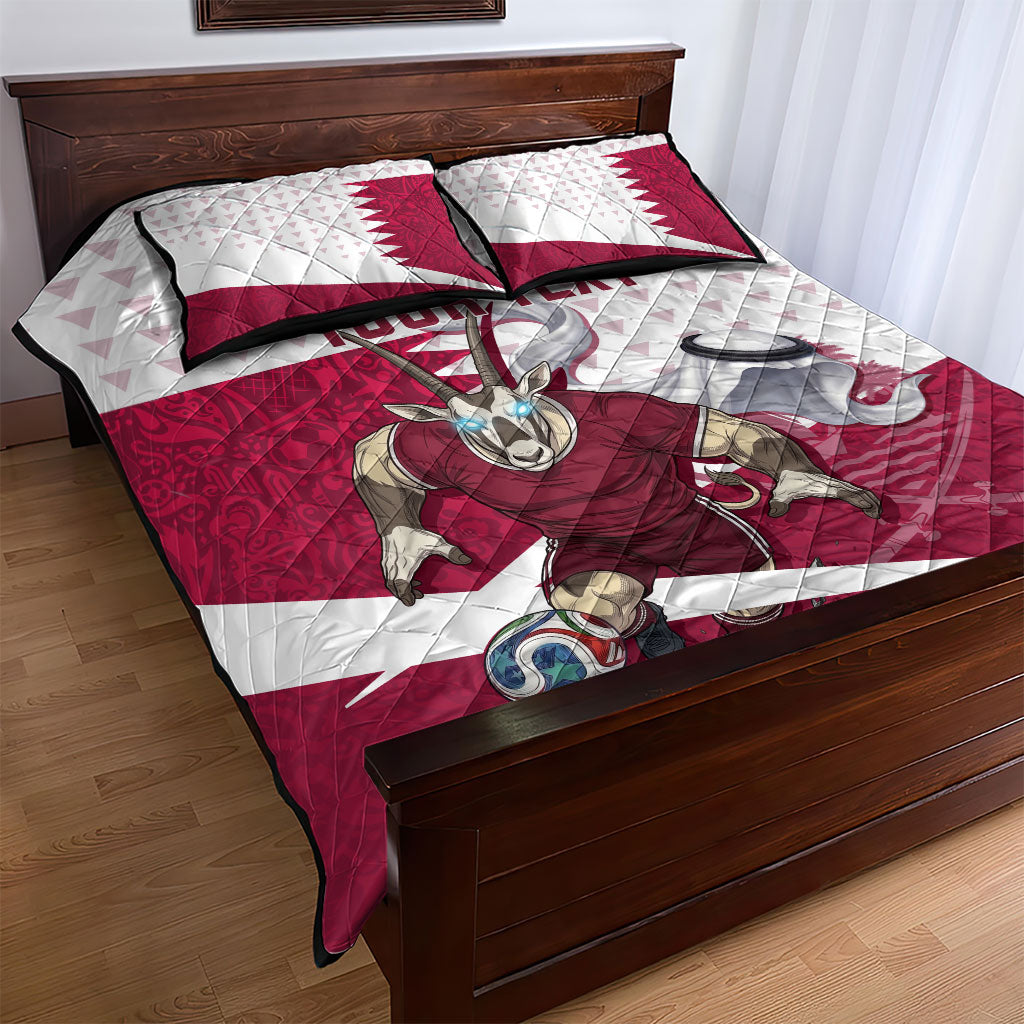 Personalized Qatar Soccer Quilt Bed Set Arabian Oryx Football Mascot - Comic Art Geometric