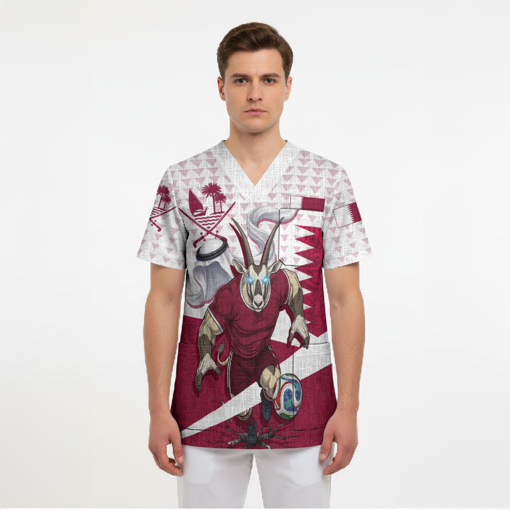 Personalized Qatar Soccer Scrub Top Arabian Oryx Football Mascot - Comic Art Geometric