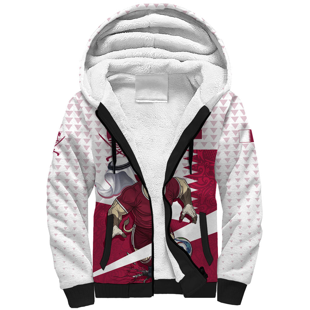 Personalized Qatar Soccer Sherpa Hoodie Arabian Oryx Football Mascot - Comic Art Geometric