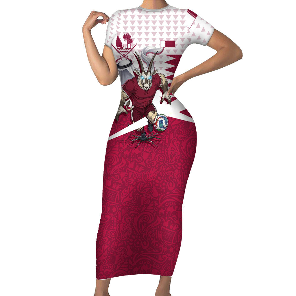 Personalized Qatar Soccer Short Sleeve Bodycon Dress Arabian Oryx Football Mascot - Comic Art Geometric