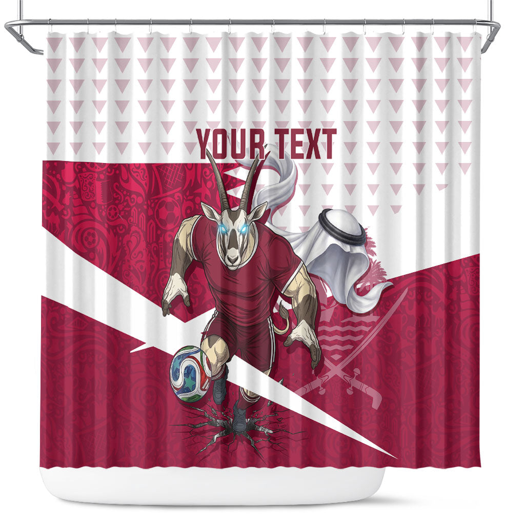Personalized Qatar Soccer Shower Curtain Arabian Oryx Football Mascot - Comic Art Geometric
