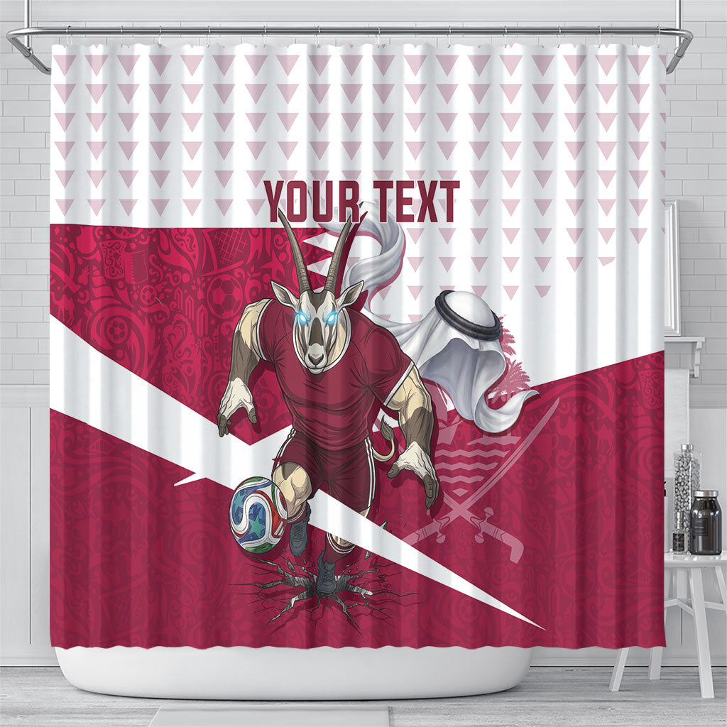 Personalized Qatar Soccer Shower Curtain Arabian Oryx Football Mascot - Comic Art Geometric