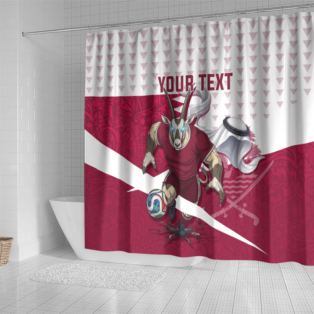 Personalized Qatar Soccer Shower Curtain Arabian Oryx Football Mascot - Comic Art Geometric