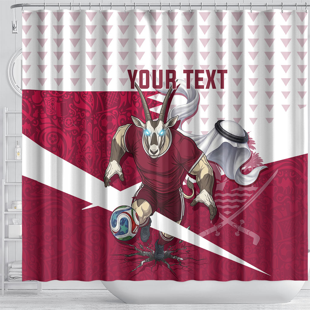 Personalized Qatar Soccer Shower Curtain Arabian Oryx Football Mascot - Comic Art Geometric