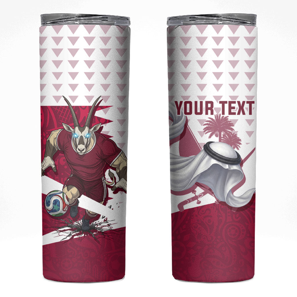 Personalized Qatar Soccer Skinny Tumbler Arabian Oryx Football Mascot - Comic Art Geometric