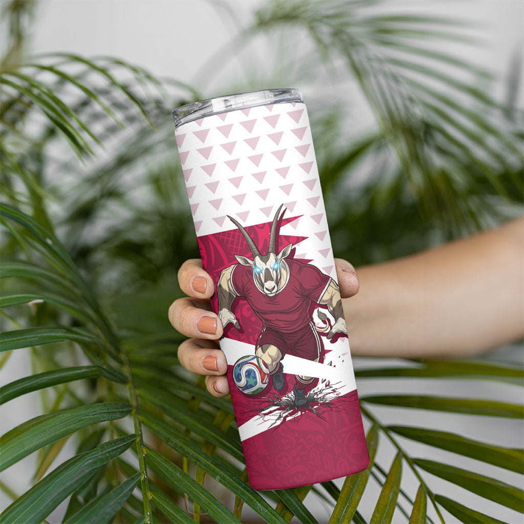 Personalized Qatar Soccer Skinny Tumbler Arabian Oryx Football Mascot - Comic Art Geometric