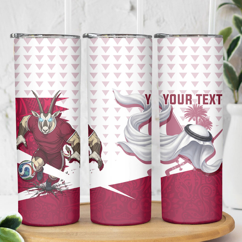 Personalized Qatar Soccer Skinny Tumbler Arabian Oryx Football Mascot - Comic Art Geometric