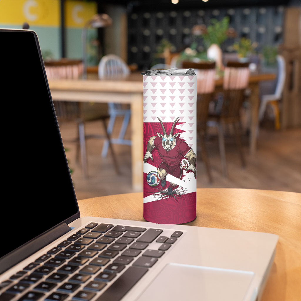 Personalized Qatar Soccer Skinny Tumbler Arabian Oryx Football Mascot - Comic Art Geometric