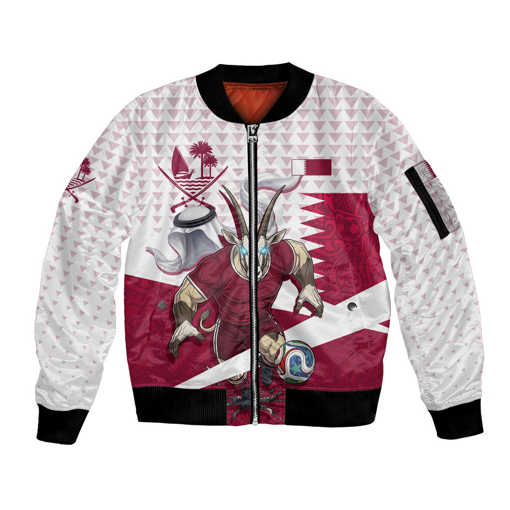 Personalized Qatar Soccer Sleeve Zip Bomber Jacket Arabian Oryx Football Mascot - Comic Art Geometric