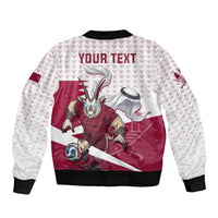 Personalized Qatar Soccer Sleeve Zip Bomber Jacket Arabian Oryx Football Mascot - Comic Art Geometric