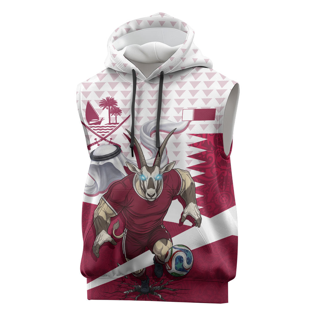 Personalized Qatar Soccer Sleeveless Hoodie Arabian Oryx Football Mascot - Comic Art Geometric
