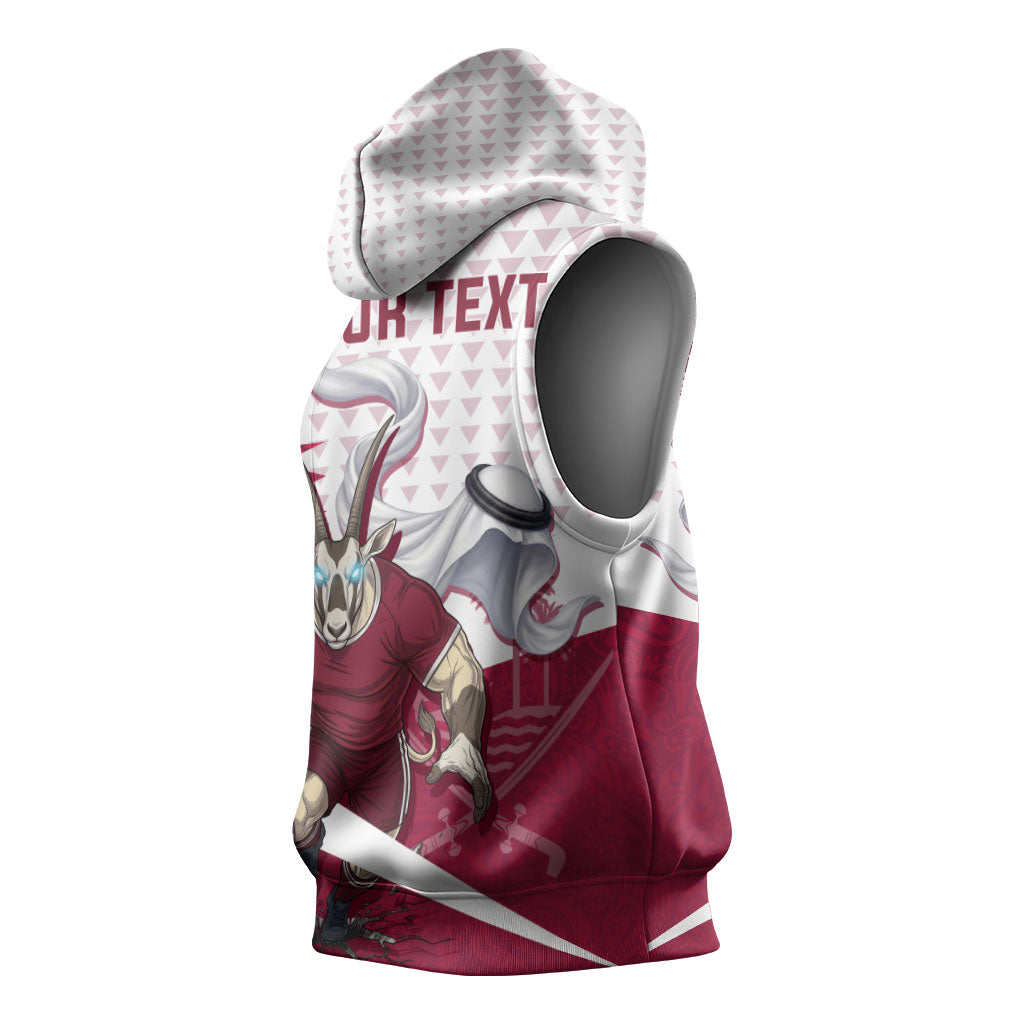 Personalized Qatar Soccer Sleeveless Hoodie Arabian Oryx Football Mascot - Comic Art Geometric