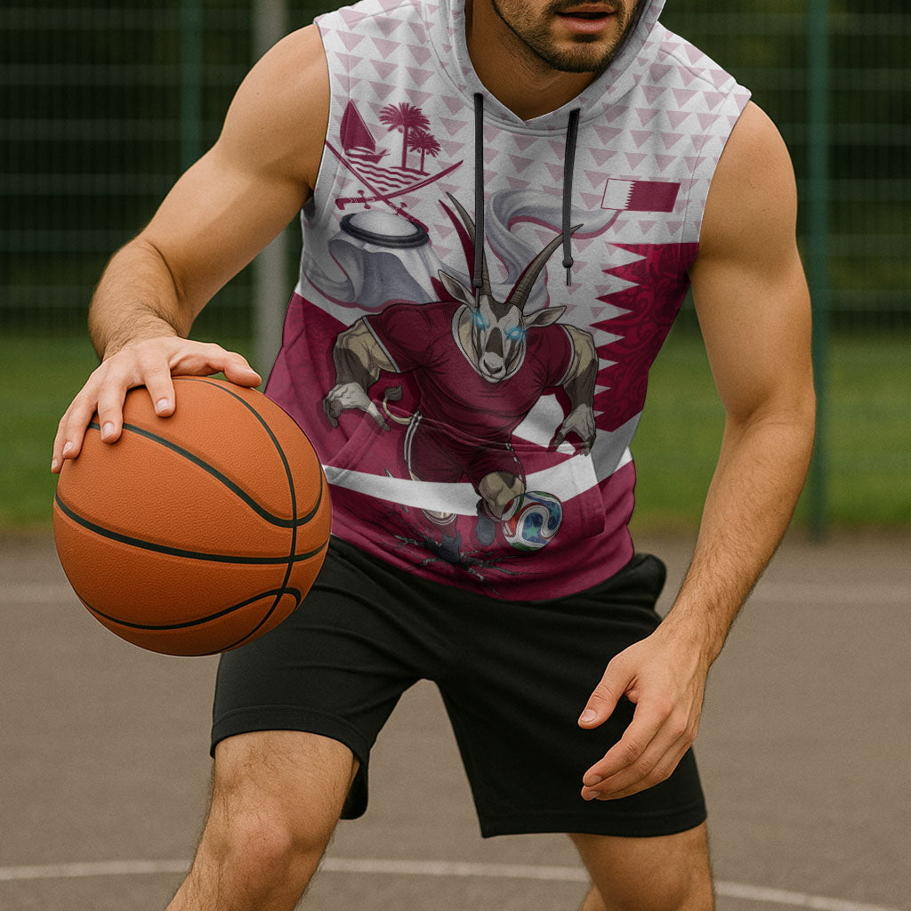 Personalized Qatar Soccer Sleeveless Hoodie Arabian Oryx Football Mascot - Comic Art Geometric