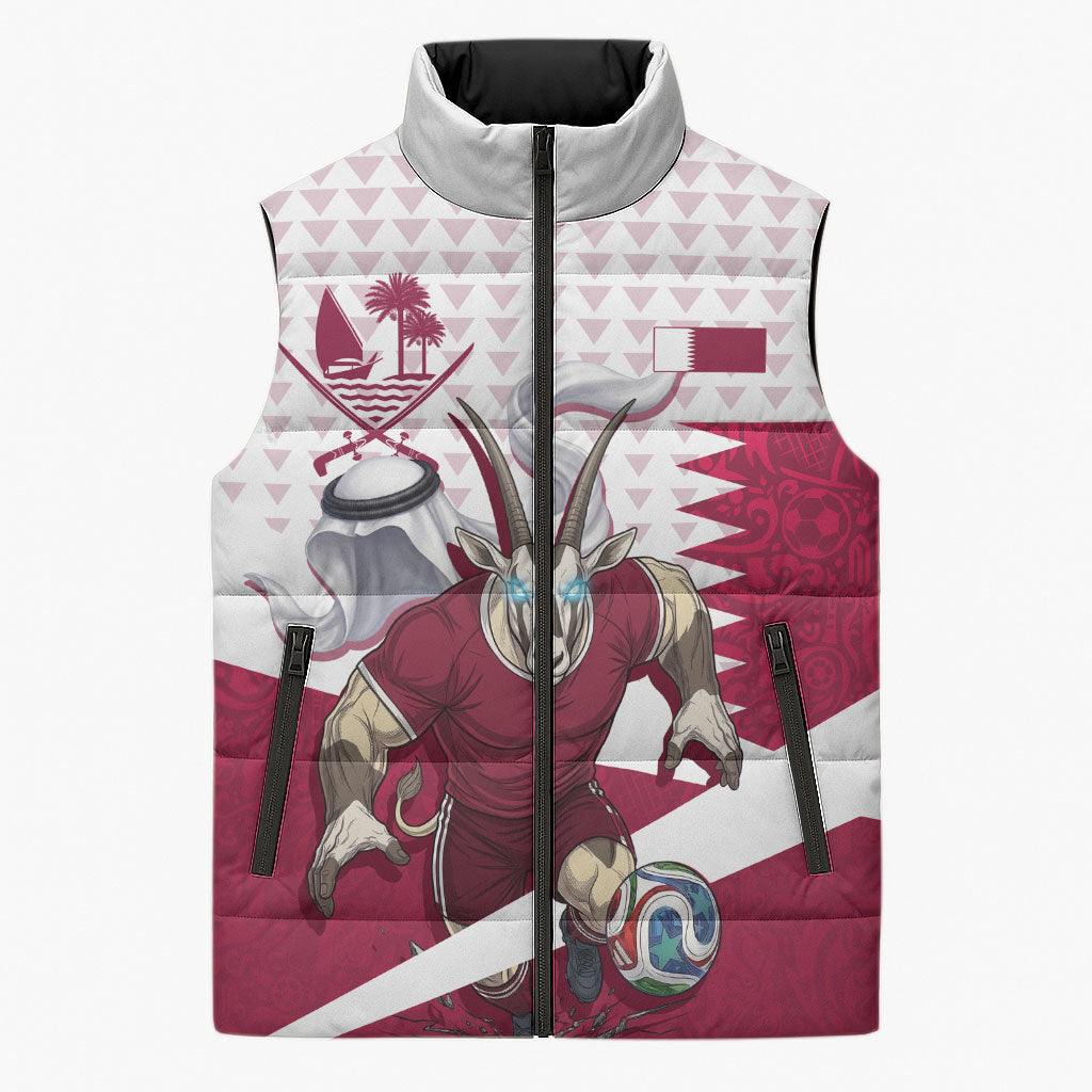 Personalized Qatar Soccer Sleeveless Puffer Jacket Arabian Oryx Football Mascot - Comic Art Geometric