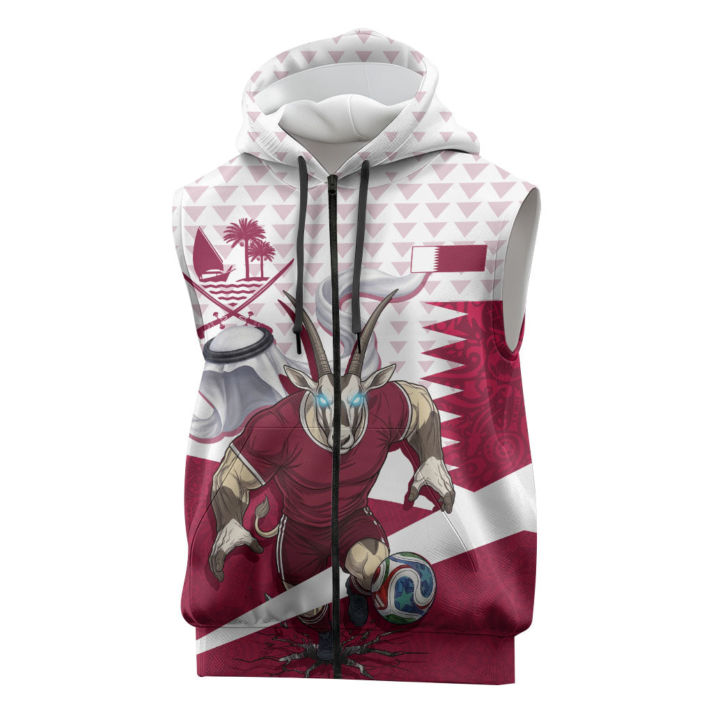 Personalized Qatar Soccer Sleeveless Zip Hoodie Arabian Oryx Football Mascot - Comic Art Geometric