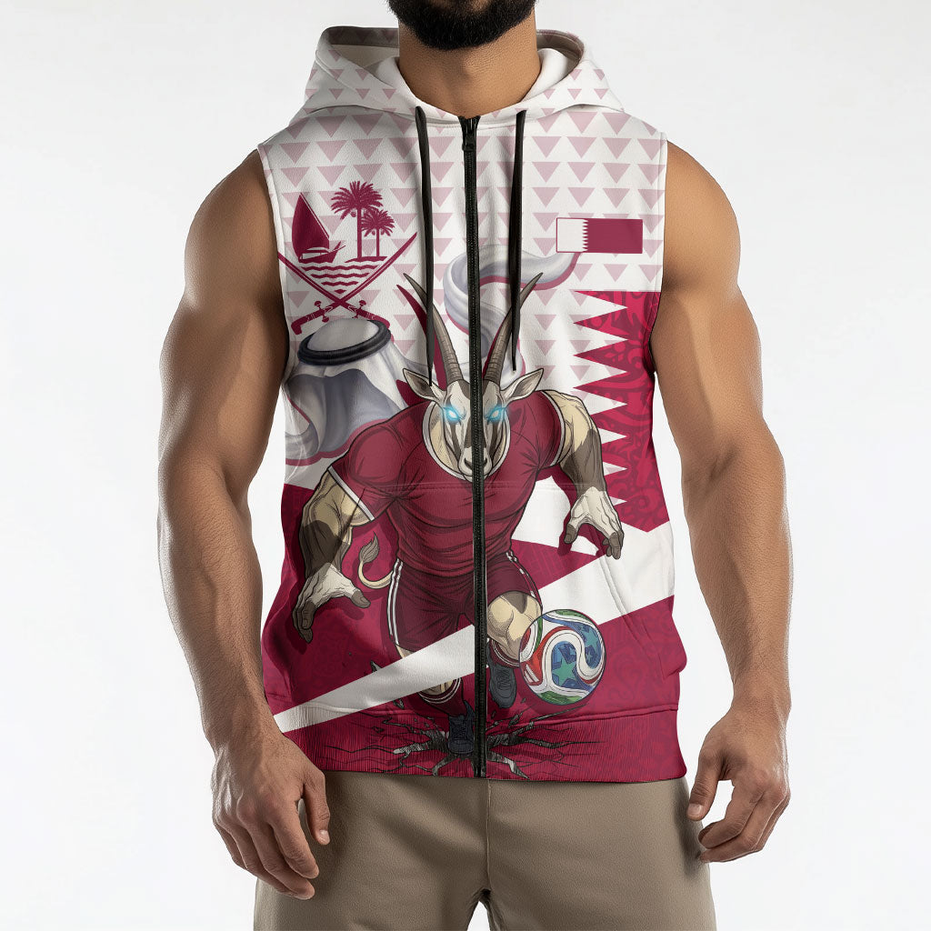 Personalized Qatar Soccer Sleeveless Zip Hoodie Arabian Oryx Football Mascot - Comic Art Geometric