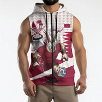 Personalized Qatar Soccer Sleeveless Zip Hoodie Arabian Oryx Football Mascot - Comic Art Geometric