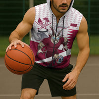 Personalized Qatar Soccer Sleeveless Zip Hoodie Arabian Oryx Football Mascot - Comic Art Geometric