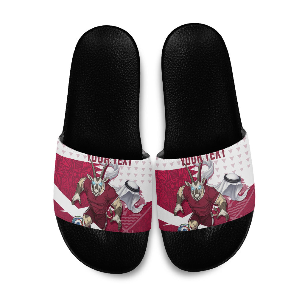 Personalized Qatar Soccer Slide Sandals Arabian Oryx Football Mascot - Comic Art Geometric