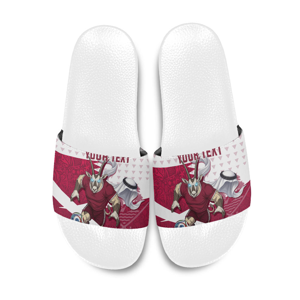 Personalized Qatar Soccer Slide Sandals Arabian Oryx Football Mascot - Comic Art Geometric