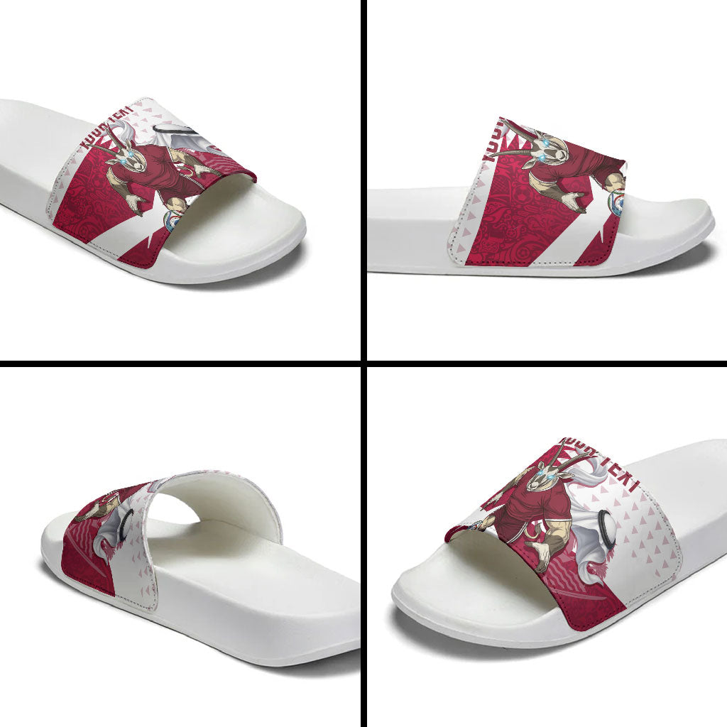 Personalized Qatar Soccer Slide Sandals Arabian Oryx Football Mascot - Comic Art Geometric
